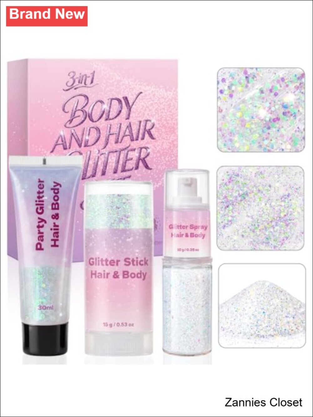 π» 3-in-1 Body Face Hair Glitter Set Sparkling Gel Stick Spray Waterproof